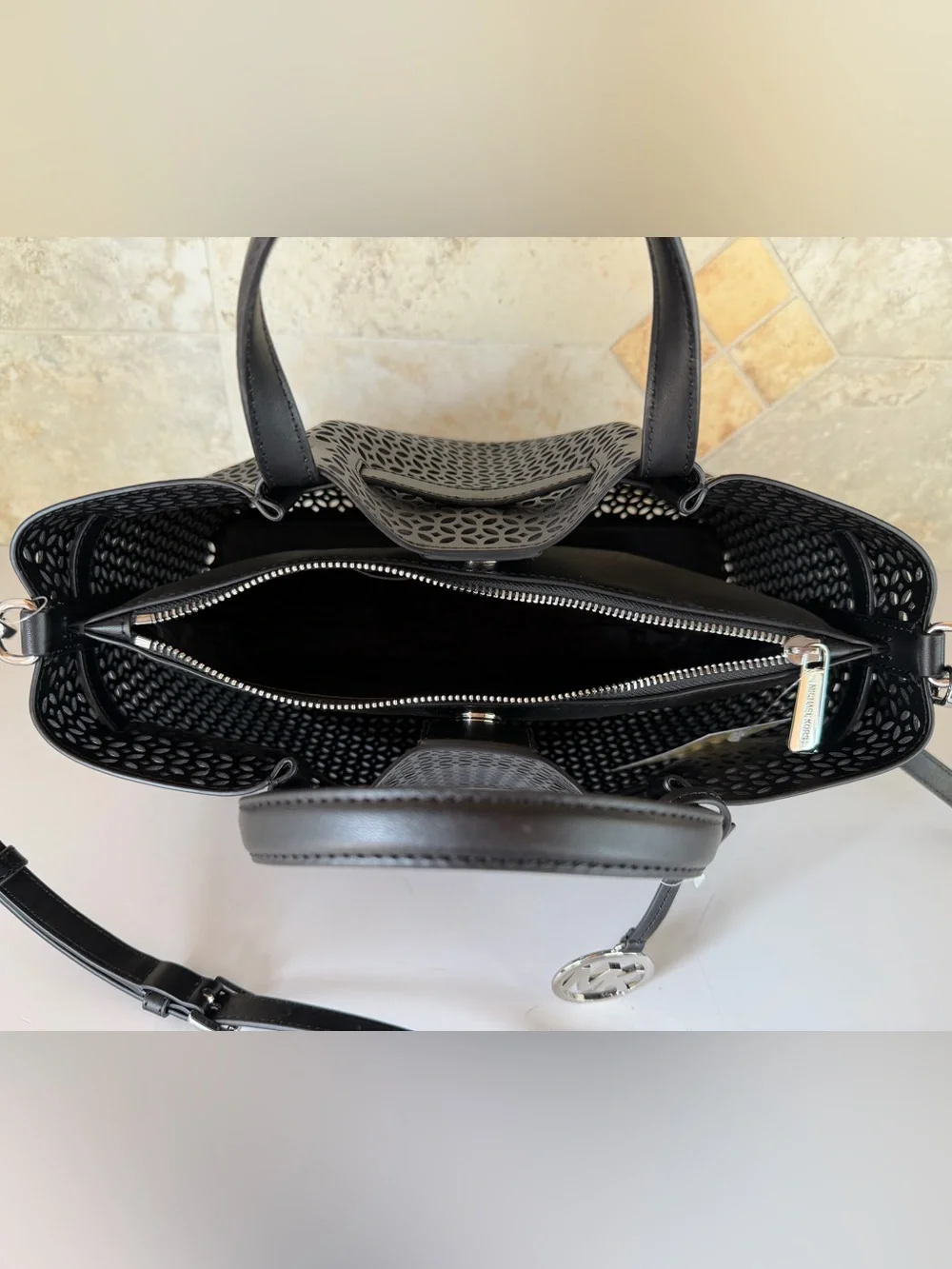 Michael Kors Carson MD Satchel Shoulder Bag MK Laser Cut Black